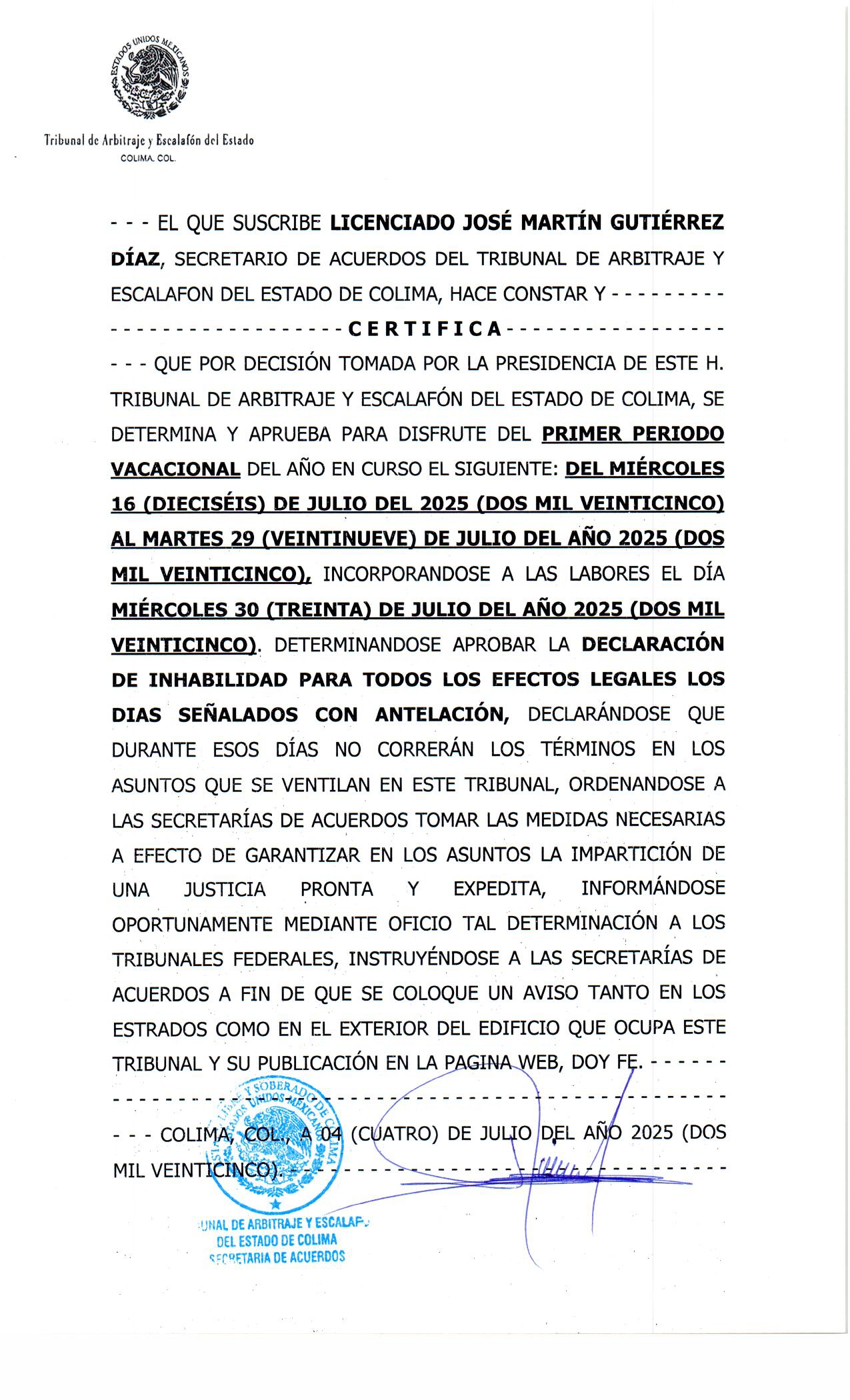 PRIMER PERÍODO DE VACACIONES JULIO 2025