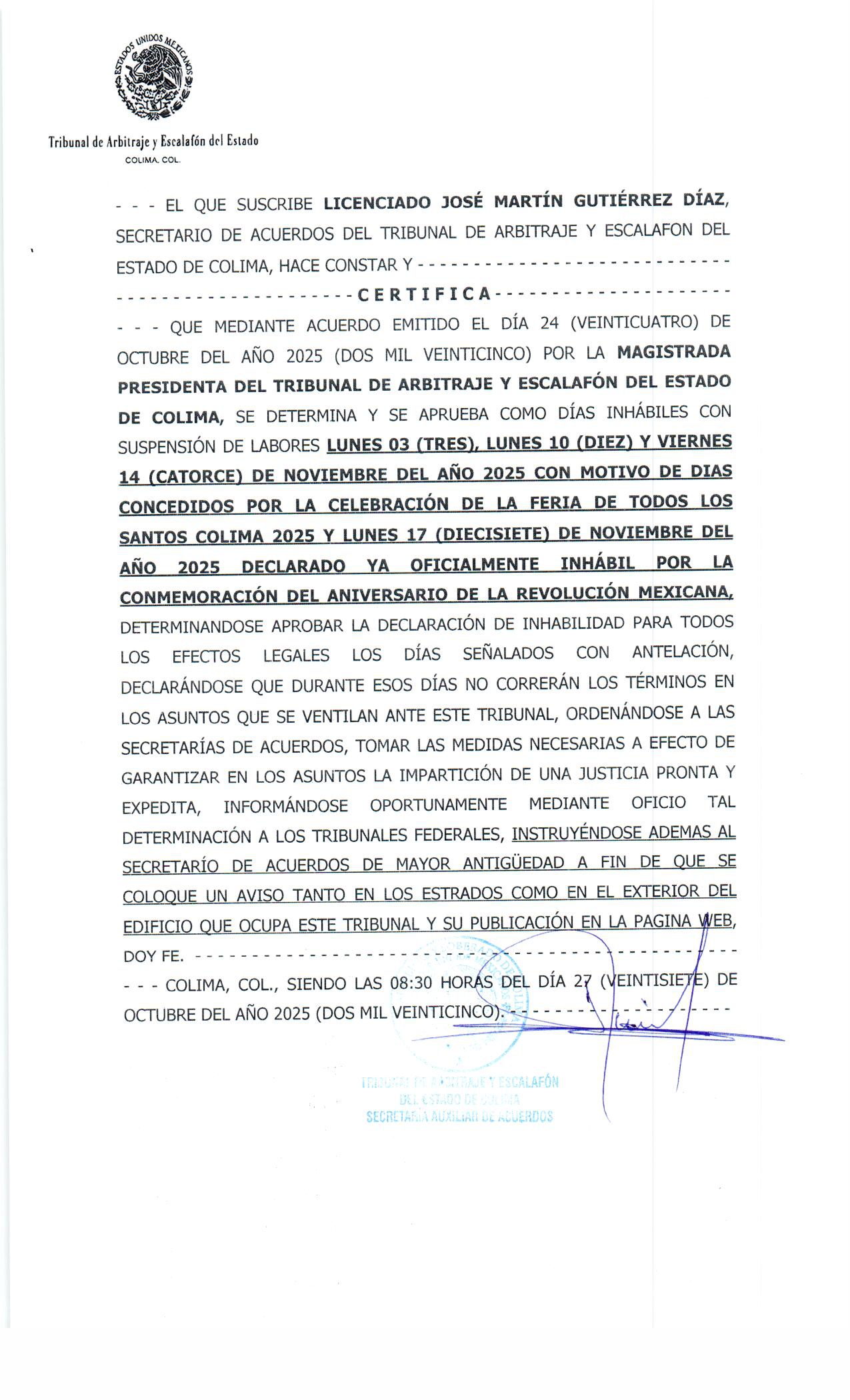DÍAS INHÁBILES POR LA FERIA DE TODOS LOS SANTOS, COLIMA 2025.