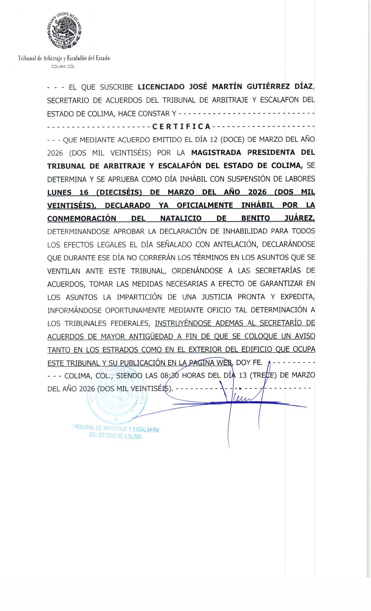 DÍA INHÁBIL 16 DE MARZO 2026